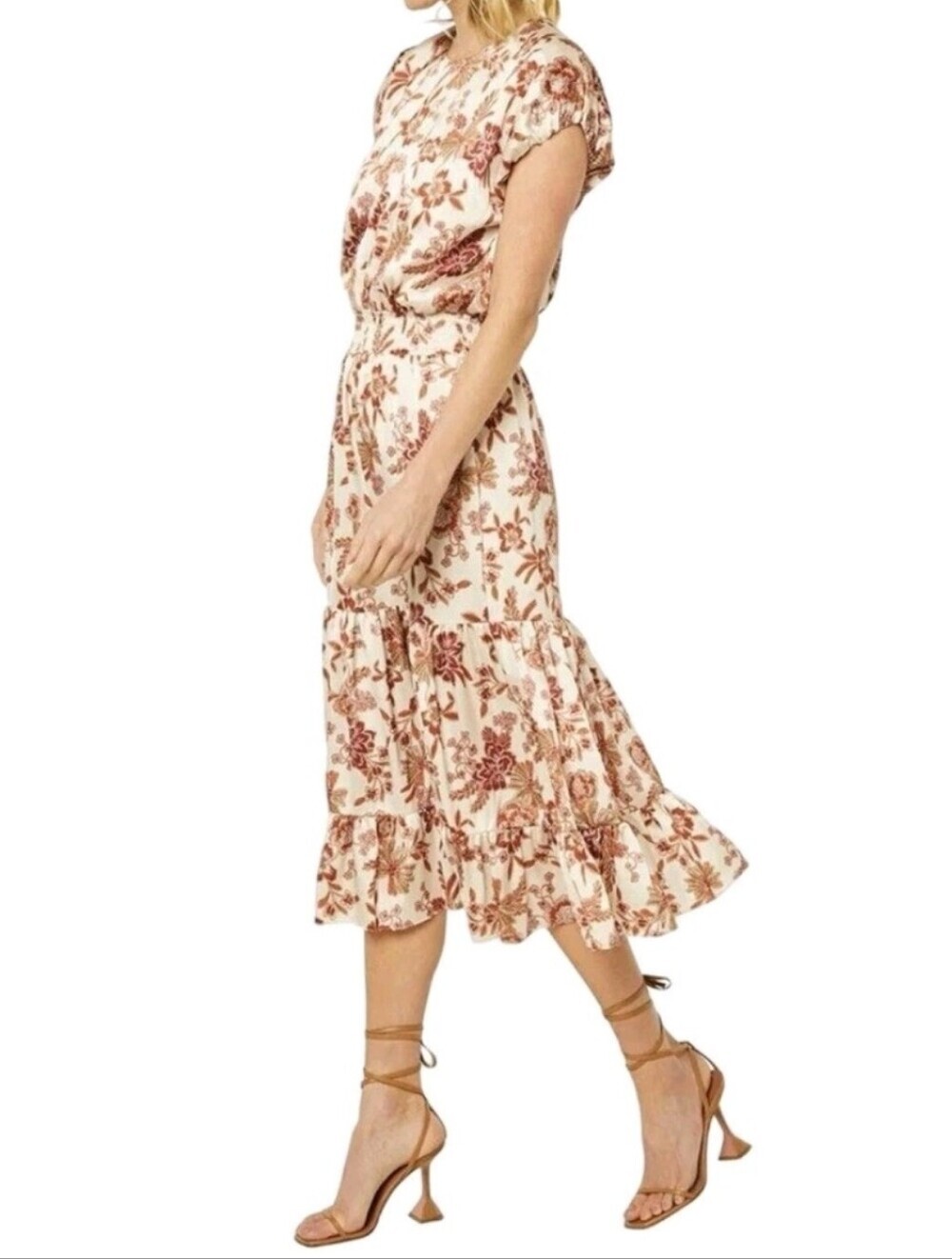 MISA Los Angeles Paulina Floral Tiered Midi Dress Cream Orange Red Smocked Waist